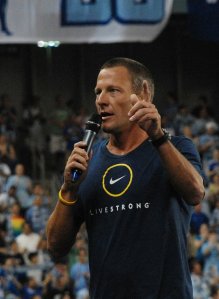 Lance Armstrong addresses the crowd at the grand opening of LIVESTRONG Sporting Park in Kansas City in June 2011. Photo by Chris Wristen
