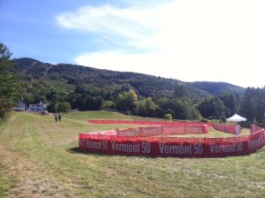 The Vermont 50 finish chute, seen the day before the race. It's a long drop down the mountain to the finish.
