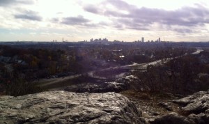 The view of the Boston skyline from the lookout point next to Wright's Tower on the Skyline Trail at the Middlesex Fells.